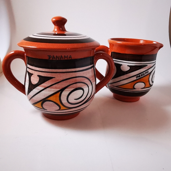Vintage Red Clay Pottery Cream and Sugar Abstract Brown White Mustard Colour - Picture 7 of 16